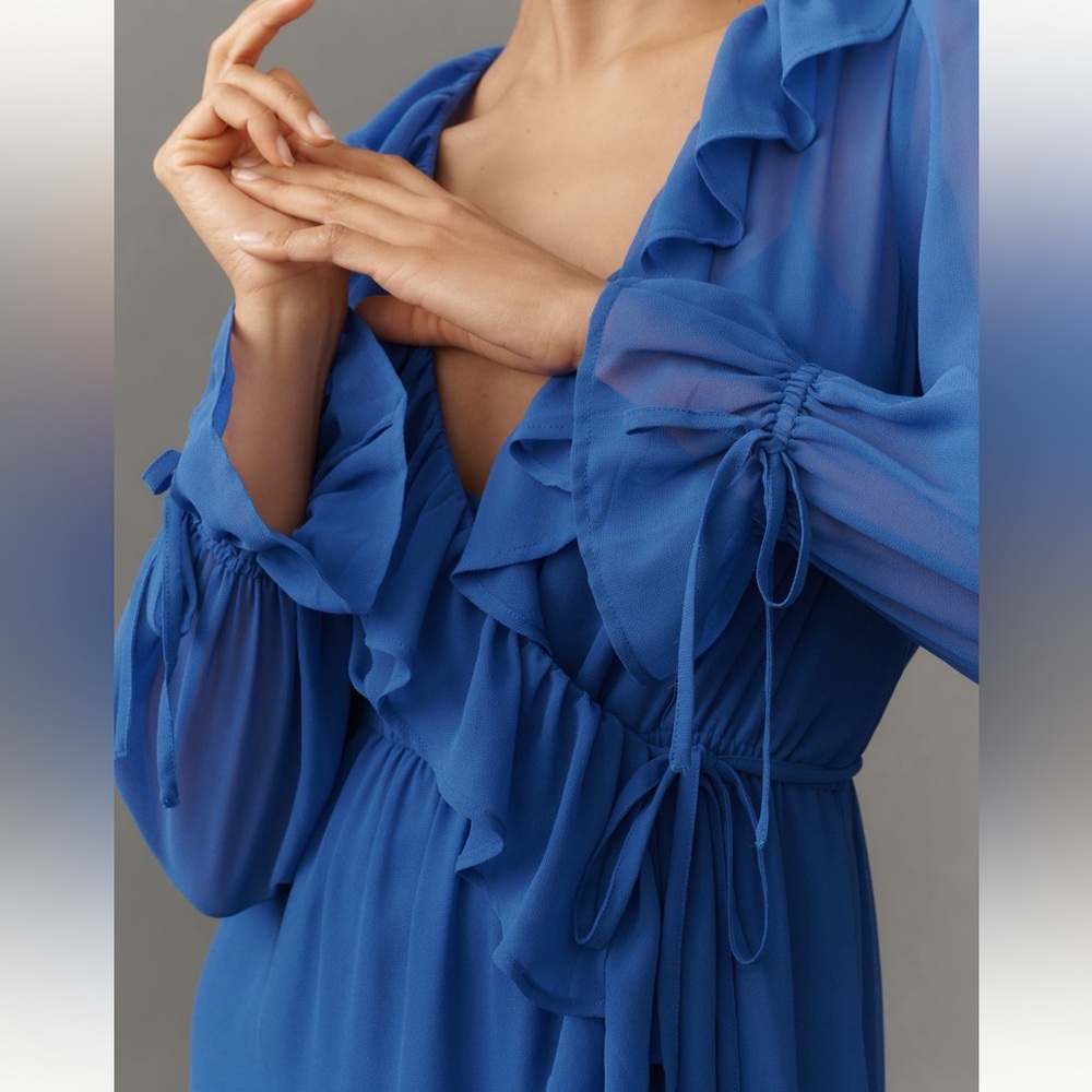 Anthropologie Long-Sleeve Ruffled Asymmetric Midi Dress - Picture 2 of 4